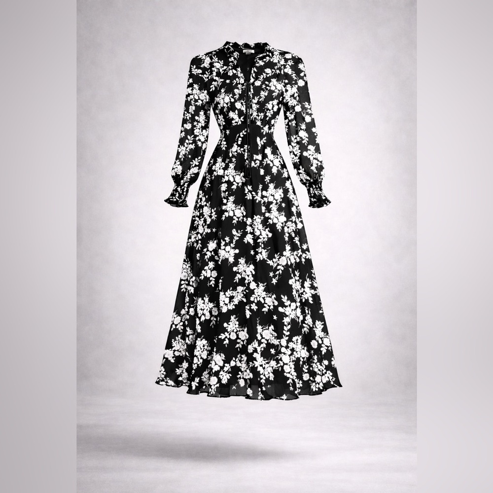 Calvin Klein Women's Black & White
Floral Maxi Dress Sheer Sleeves
Size 8